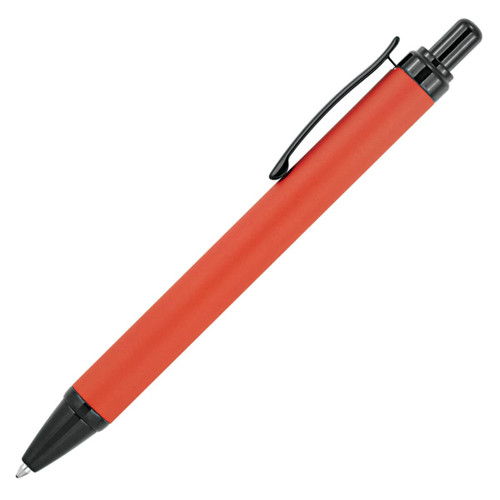 A metal ballpoint pen in vibrant red with black accents and a clip for easy carrying.