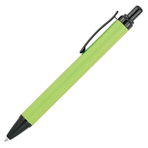 A green metal ballpoint pen with a black clip and tip, featuring a sleek design and a logo.