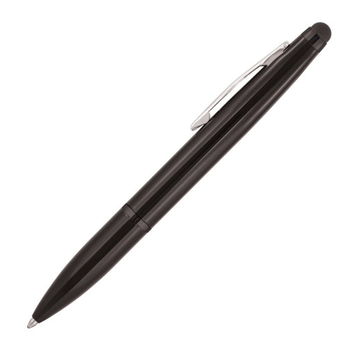A black metal pen featuring a ballpoint and stylus tip, with a silver clip and a subtle logo.