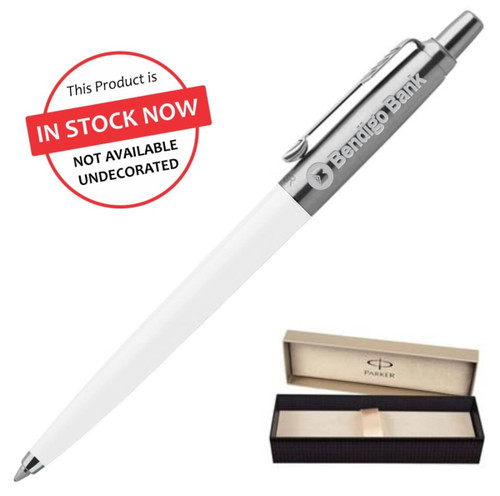 A metal ballpoint pen in white with a silver trim, presented in a black box, featuring a logo on the pen.