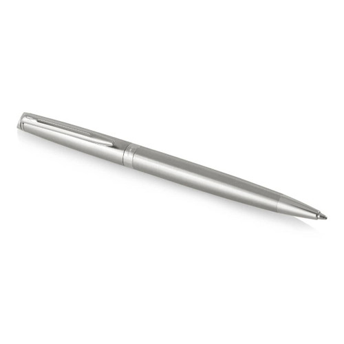 A brushed stainless steel ballpoint pen with a sleek design and a minimalist look, featuring a logo.