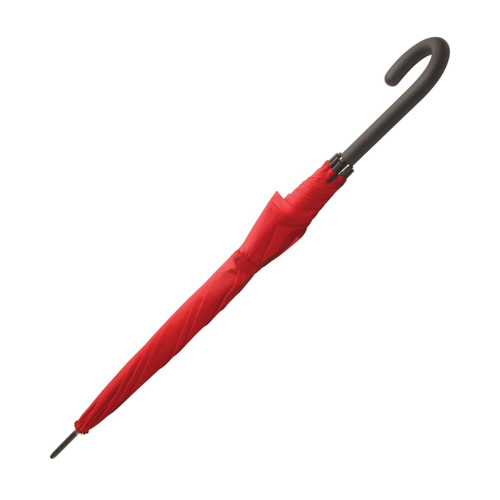 A red 61cm umbrella with a curved handle and a black shaft, featuring a logo.