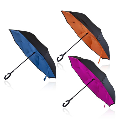 A set of three umbrellas featuring double canopies in blue, orange, and pink, with black accents and curved handles.
