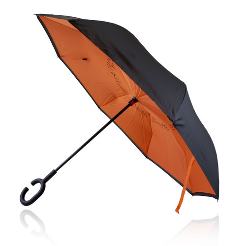 A black and orange 53cm double canopy reverse umbrella featuring a curved handle and a logo.
