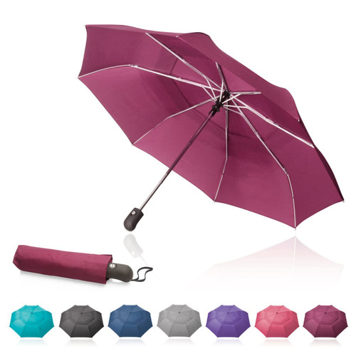 A maroon 54cm folding umbrella with a wind-vented design, featuring a handle and a matching sleeve.