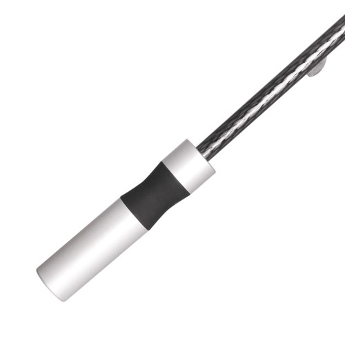 A close-up of a silver umbrella handle with a black grip, featuring a metal shaft.
