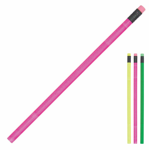 A set of vibrant neon pencils in pink, yellow, green, and black, with erasers on the ends.