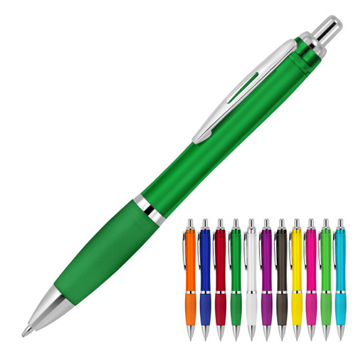 A transparent green ballpoint pen with silver accents, accompanied by a variety of other colourful pens in the background.