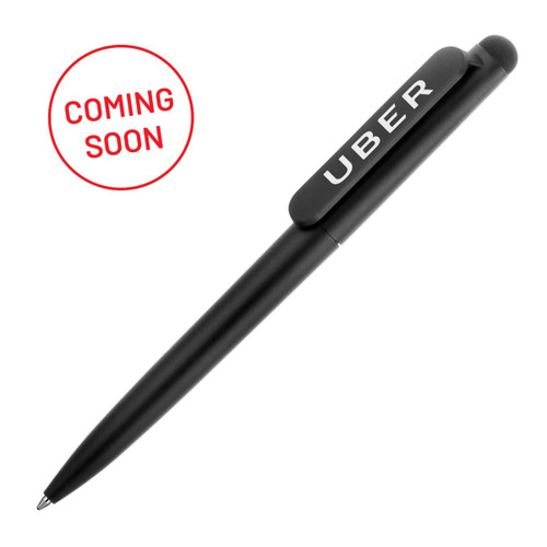 A black ballpoint pen stylus with a clip and a logo. The pen features a rounded tip and sleek design.