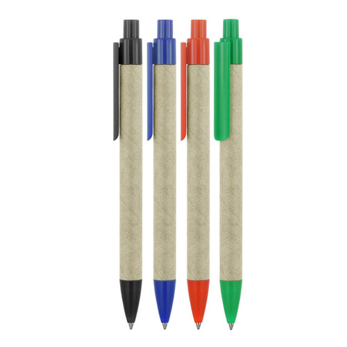 A selection of ballpoint pens with recycled paper barrels in black, blue, orange, and green. Each pen features a clip.