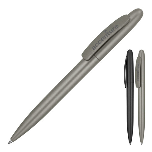 A matte green ballpoint pen with a clip and a logo, alongside a black ballpoint pen.