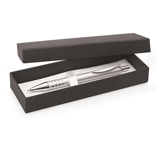 A sleek silver pen nestled in a black gift box. The box is slightly open, revealing the pen inside.