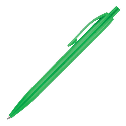 A green plastic ballpoint pen with a clip and rounded tip, featuring a branding logo.