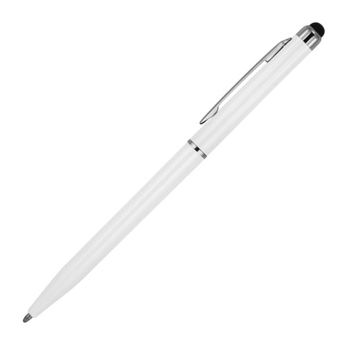 A white ballpoint pen with a stylus tip and a silver accent, featuring a clip and a branding logo.