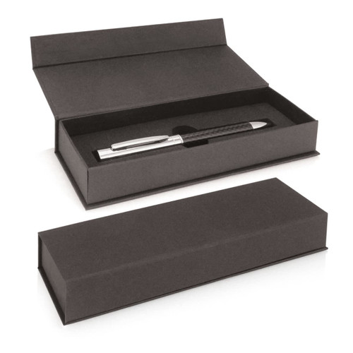 A black gift box with a magnetic closure containing a sleek pen. The box has a simple design and an internal insert.