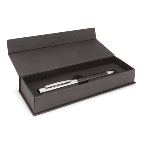 A black gift box with a magnetic closure, containing a sleek pen inside. The box features an interior lining.