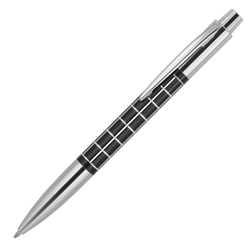 A sleek metal ballpoint pen in silver and black with a patterned grip and a clip. It has a branding logo.