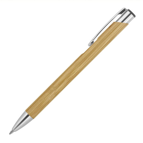 A ballpoint pen with a bamboo body and a silver tip and clip, featuring a sleek, natural design.