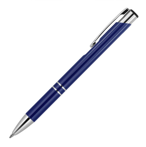 A blue ballpoint pen with chrome accents and a clip, featuring a branded logo.