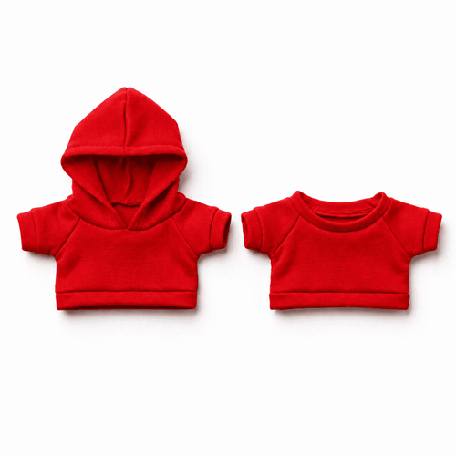 Two red plush toy outfits, one with a hood and the other a short-sleeve design, set against a white background.