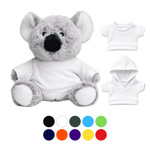 A grey koala plush toy with a black nose, featuring two white clothing options and a colour palette below.