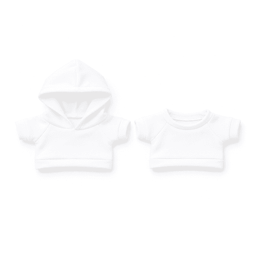 Two white plush toy outfits, including a hooded top and a short-sleeved top, both featuring a simple design.