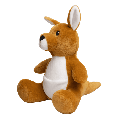 A brown kangaroo plush toy with a white belly, featuring large ears and a friendly expression.