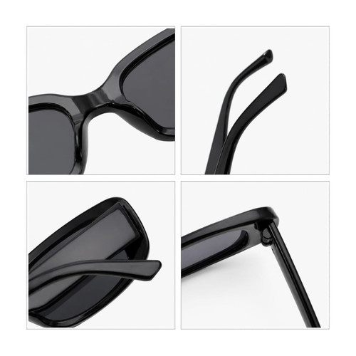 A pair of vintage rectangle sunglasses in glossy black, showcasing details of the frames and arms.