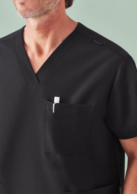 A black unisex V-neck scrub top featuring a pocket and a pen holder, suitable for medical uniforms.