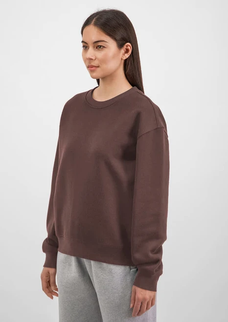 A brown crew sweatshirt with long sleeves, featured on a model against a light background.