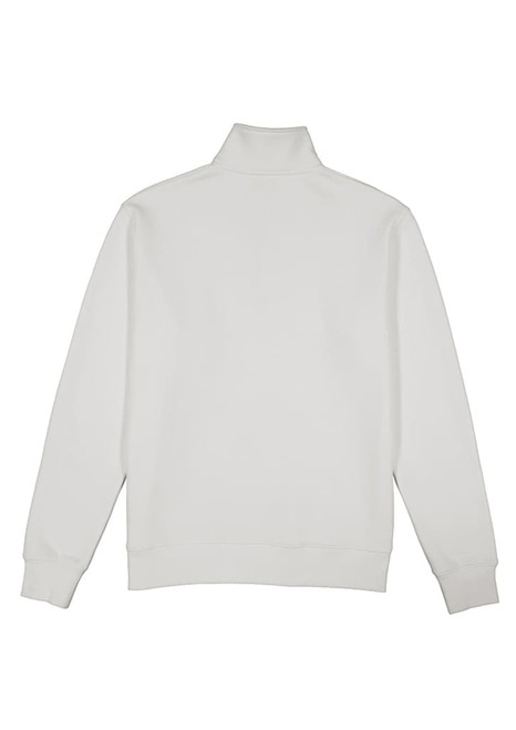 A white men's jumper featuring a 1/4 zip collar and long sleeves, with a simple design and a logo.