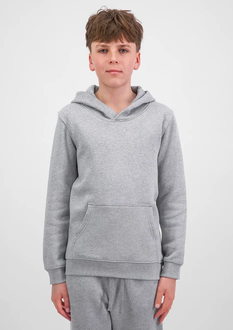 A grey youth hoodie with a front pocket and a hood, worn by a young model. The garment has a simple, casual design.