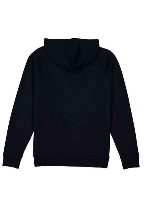 A black hoodie featuring a hood and long sleeves, with a logo on the back.