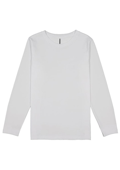 A long-sleeve white t-shirt featuring a simple design and a brand logo.