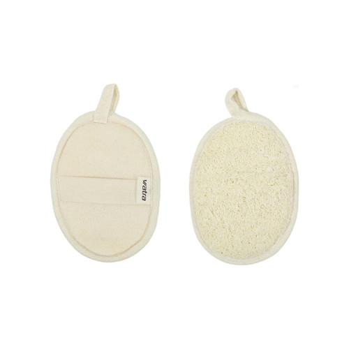 A natural exfoliating shower sponge in an oval shape, featuring a textured side and a smooth side, mostly cream in colour.