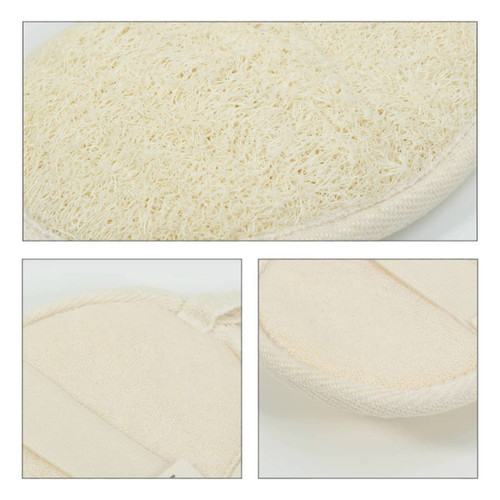 A loofah exfoliating natural shower sponge in cream colour, featuring textured surfaces and a fabric border.