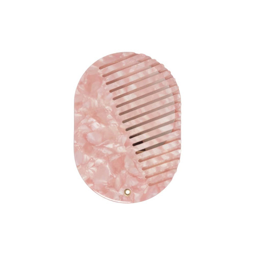 A portable acetate hair comb in a pink marbled design features a mirror on the opposite side and includes a logo.