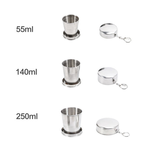 Compact stainless steel folding cups in silver, available in 55ml, 140ml, and 250ml sizes, with storage lids.