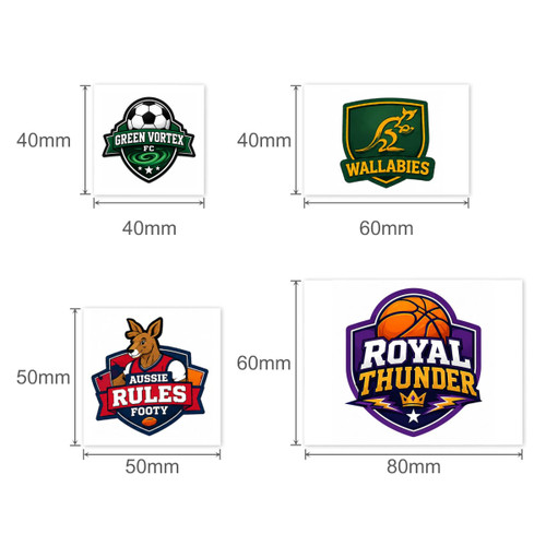 A set of four logos featuring green, gold, and purple designs, each with different sports themes and a brand logo included.
