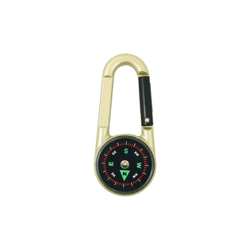 A gold carabiner with a black compass and thermometer attached, featuring cardinal directions marked in red and green.