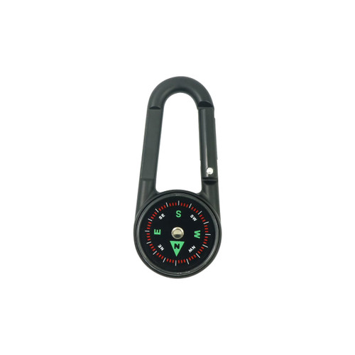 A black carabiner with a built-in compass and thermometer, featuring red and green directional markings.
