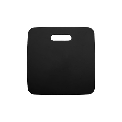 A black promotional stadium seat cushion with a handle for easy carrying. Features a smooth surface and simple design.