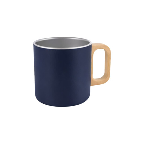 A 400ML stainless steel insulated mug in navy blue with a wooden handle. It features a logo on the surface.