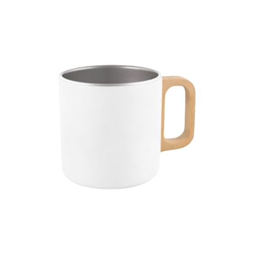 A stainless steel insulated mug in white with a wooden handle. It features a simple design and has a logo.