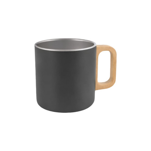 A stainless steel insulated mug in matte black with a wooden handle, featuring a logo.