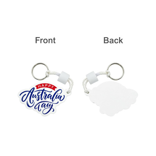 A white floating keychain featuring a colourful "Happy Australia Day" design on one side and a plain back.