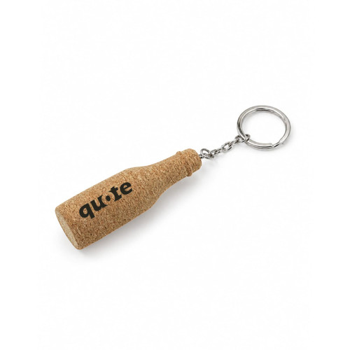 A drink bottle-shaped cork keyring in natural cork colour with a silver chain and a logo on the side.