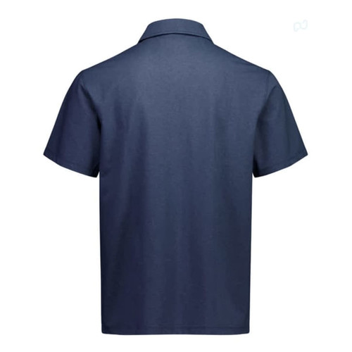 A navy short sleeve polo shirt with a collar, featuring a logo on the back.