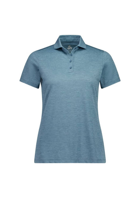 A short sleeve polo in a light blue colour with a collar and three buttons. It features a logo on the chest.