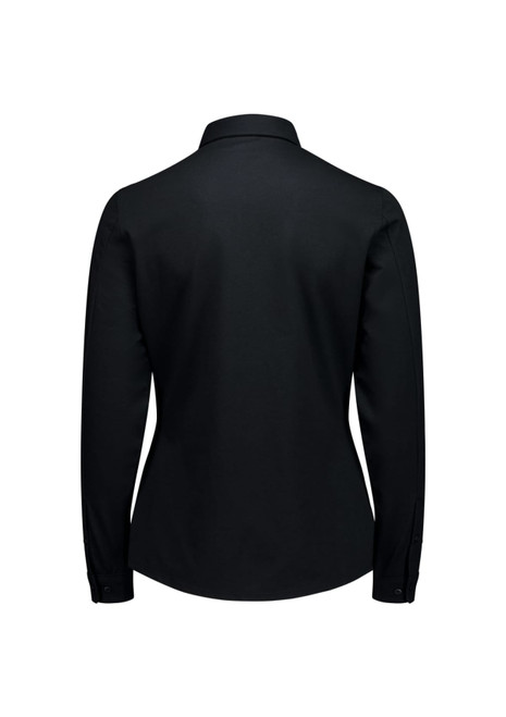 A black women's long sleeve button-up shirt featuring a sleek design and a back view. It has a logo branding.
